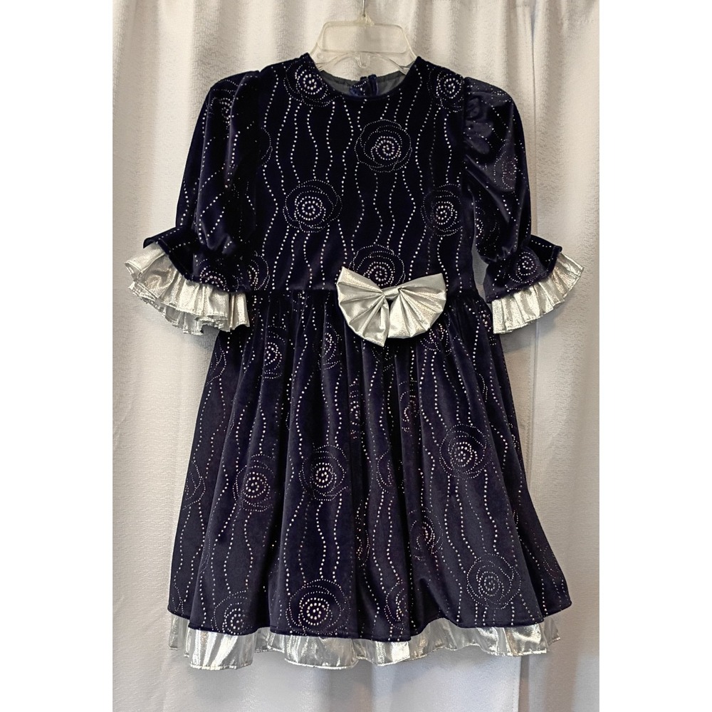 Vtg (Sleeve Flaw) 80s/90s Blue Velvet Metallic Silver Party Dress Girls Size 6